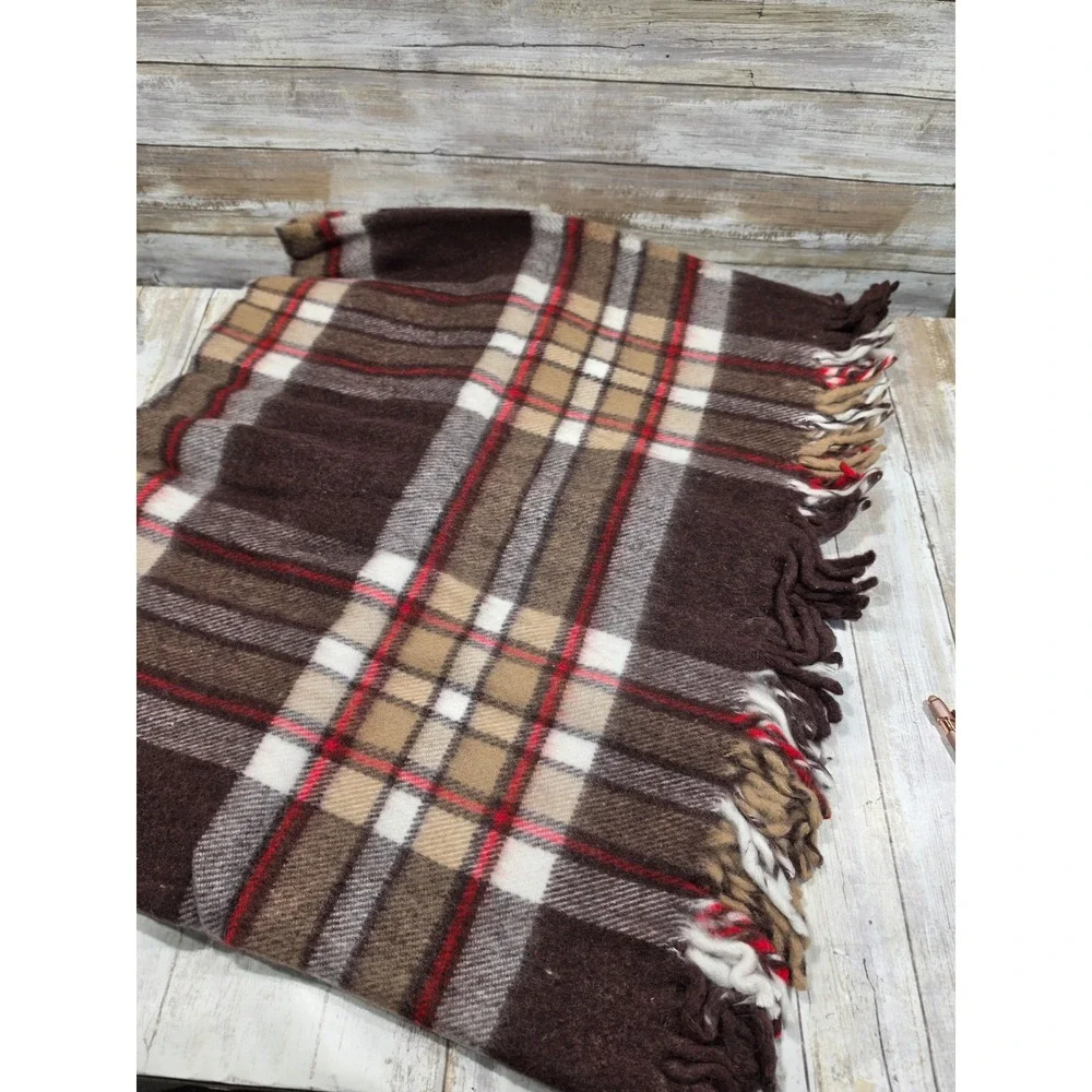 Vintage Faribo Catnapper Fringed Blanket Plaid Brown Tan 45x50